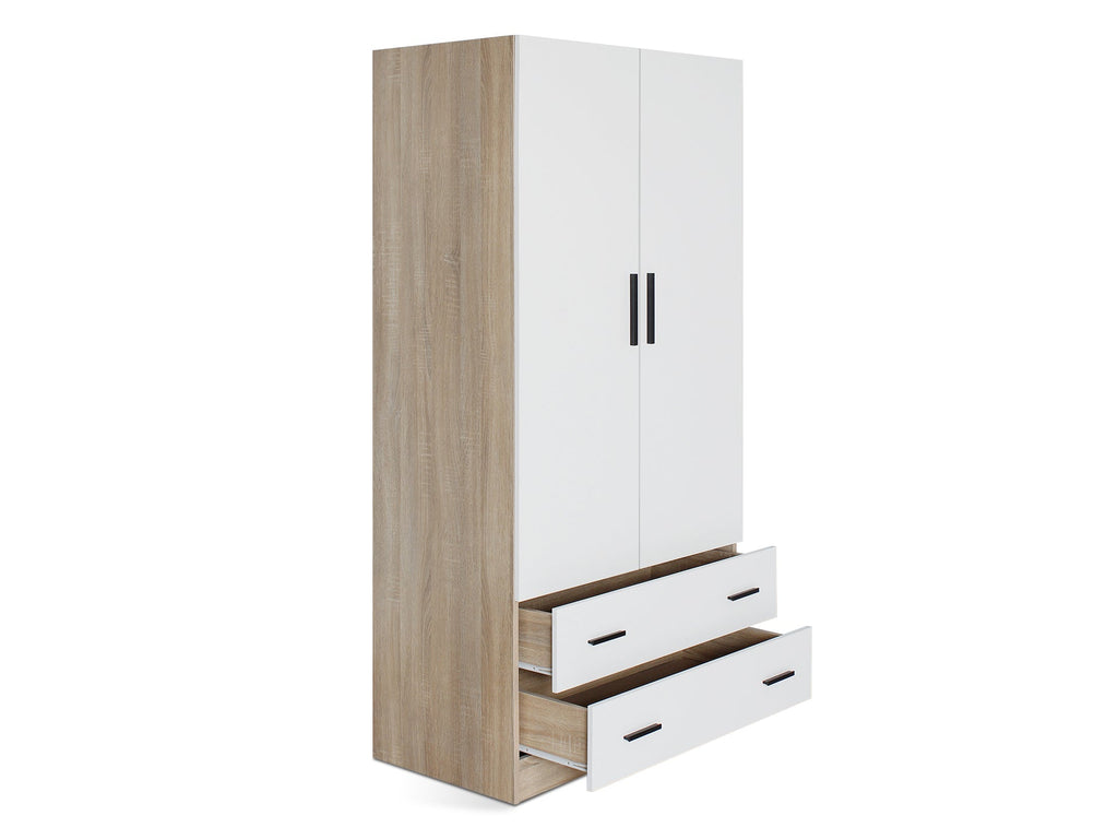 Bram 2 Door Wardrobe with 2 Drawers - Oak + White