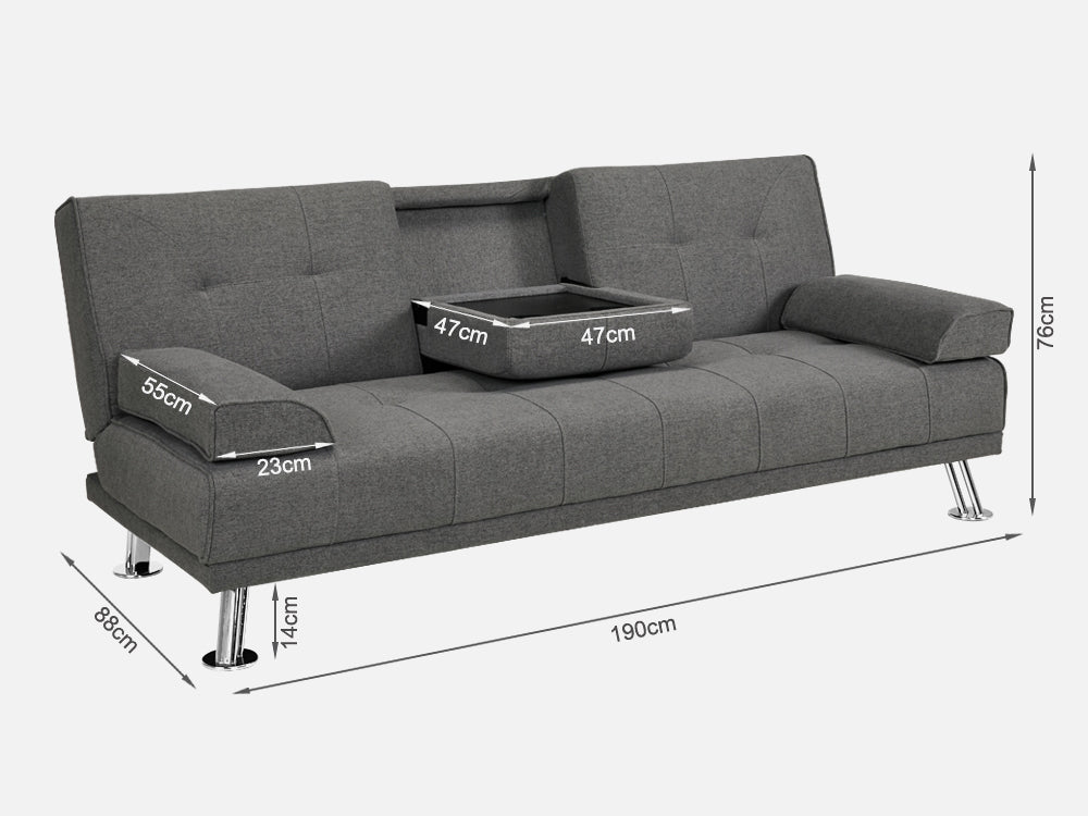 VENICE 3 Seater Sofa bed with Cup Holders - DARK GREY
