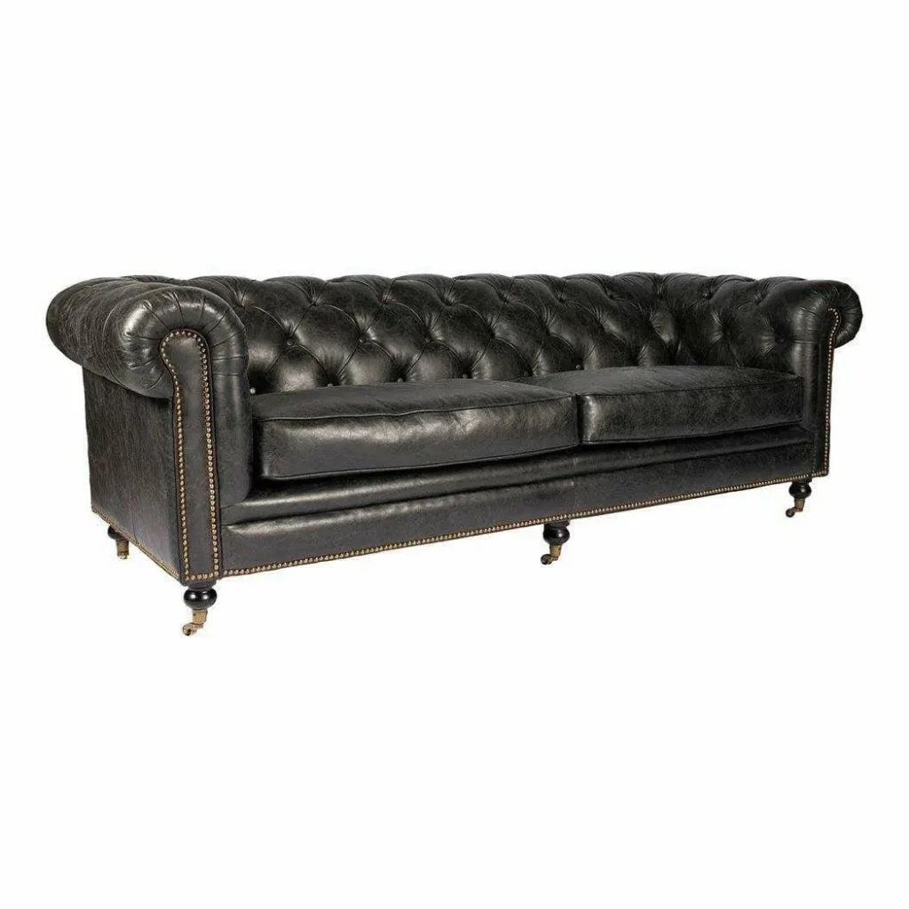 87 Inch Sofa Onyx Black Leather Black Retro