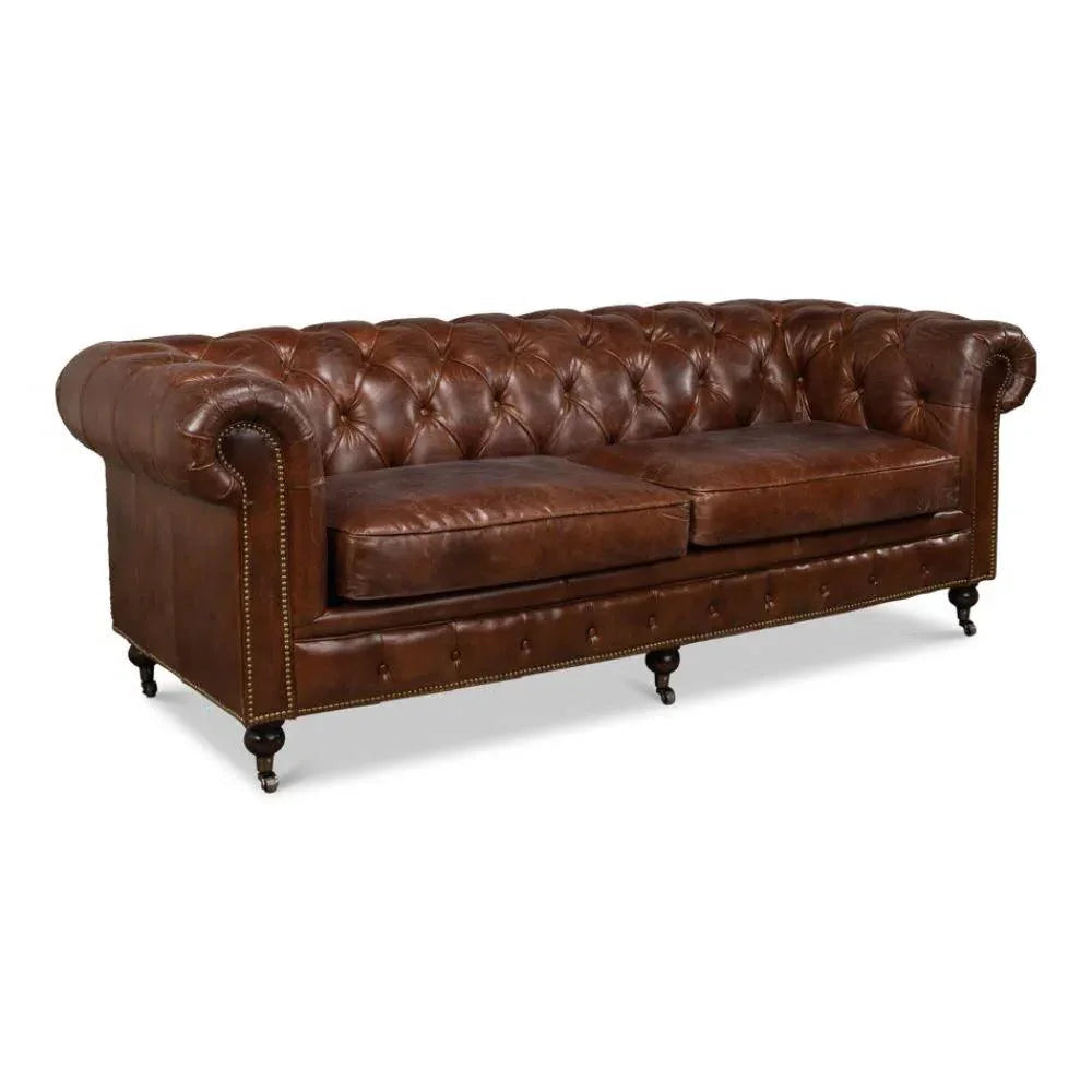 89" Castered Chesterfield Leather Sofa