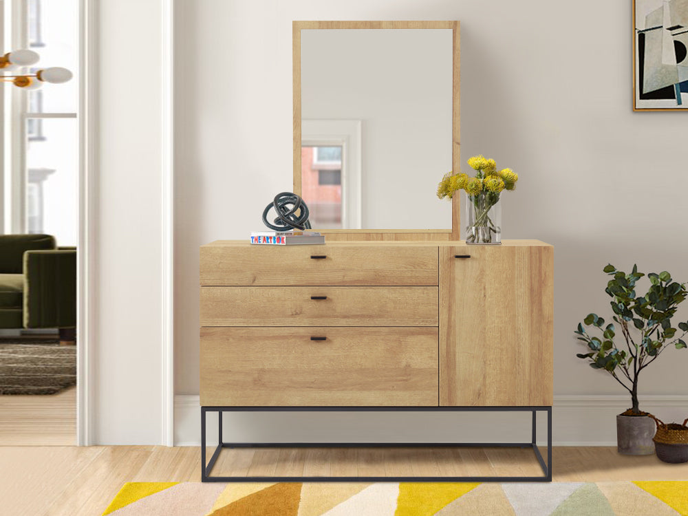 XOAN 4 Drawers Chest Dresser with Mirror - Oak