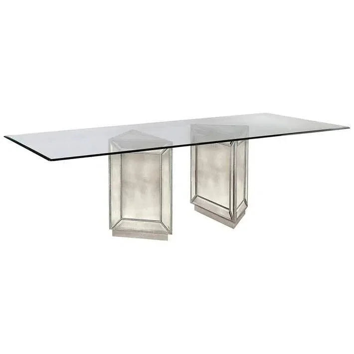 96" Glass  Mirrored Double Pedestal Dining Table