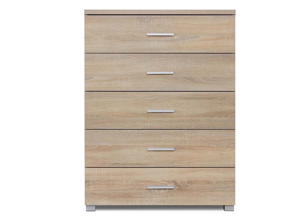 BRAM Tallboy 5 Drawer Chest Dresser - Oak