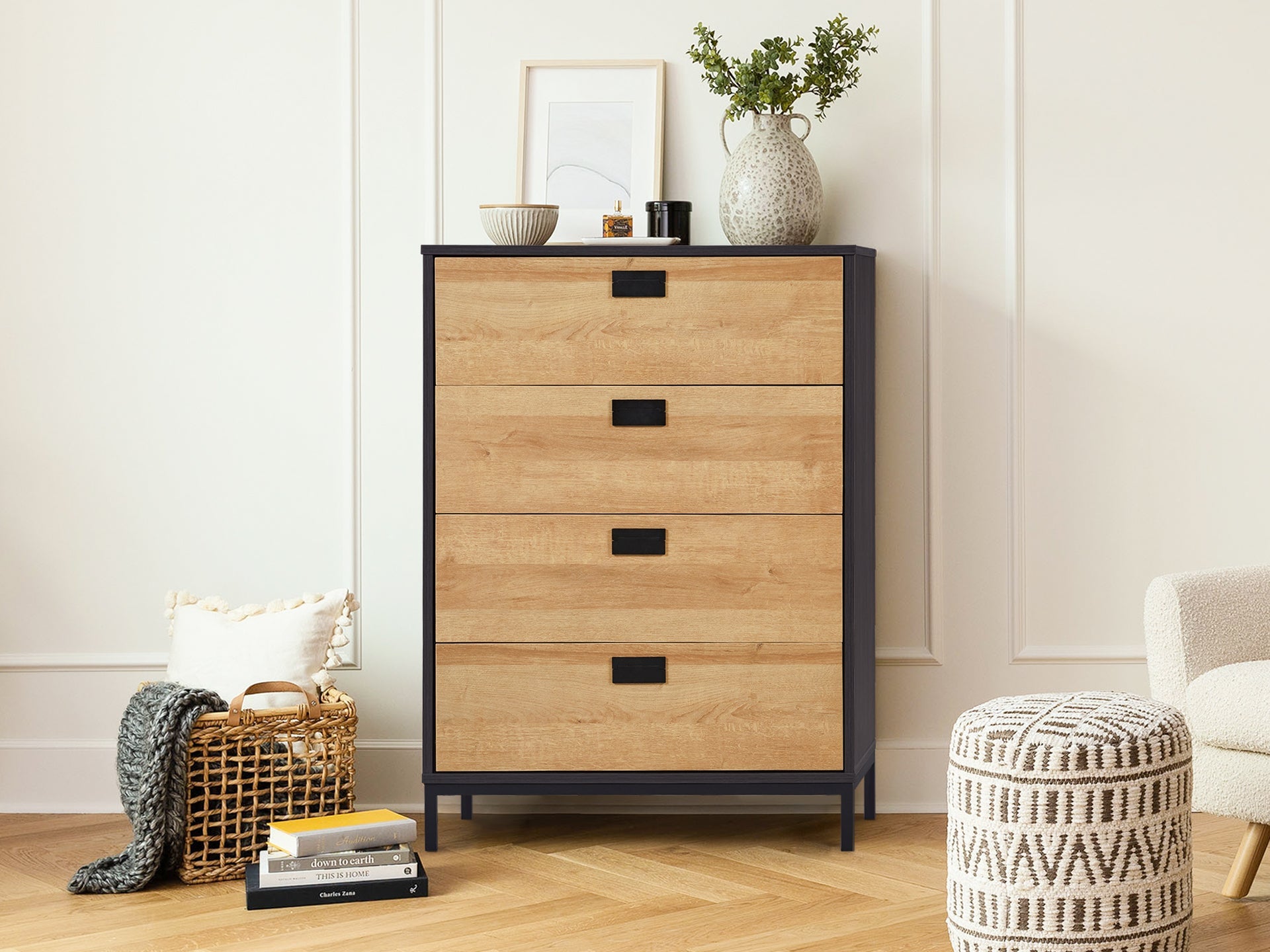 MORRIS Wooden Tallboy 4 Drawers - Oak
