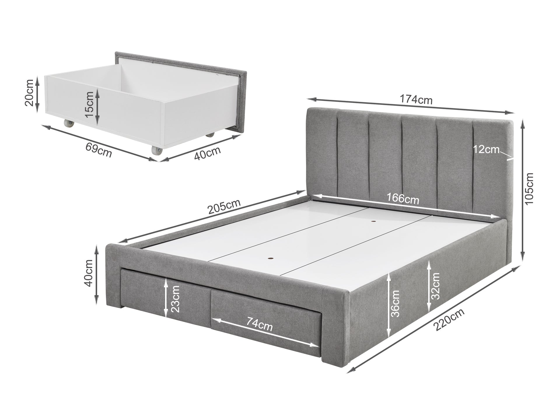 HLOLELA King Bed Frame with Storage - LIGHT GREY