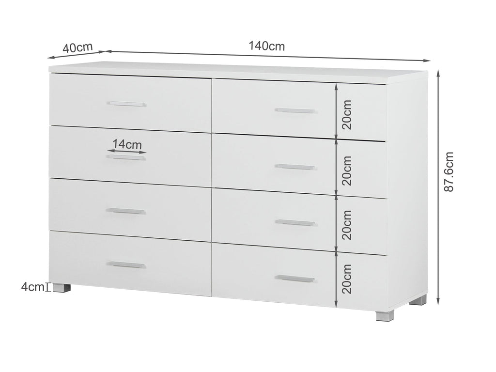 Bram Low Boy 8 Drawer Chest Dresser - White