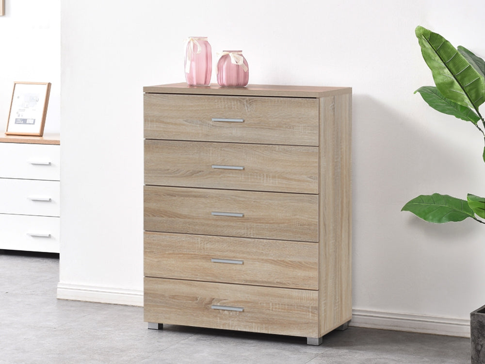 BRAM Tallboy 5 Drawer Chest Dresser - Oak