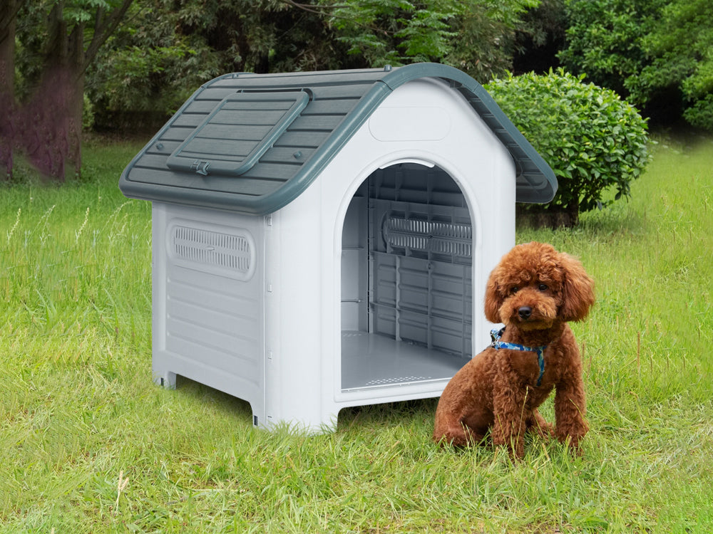 Medium Plastic Dog House with Window - Grey