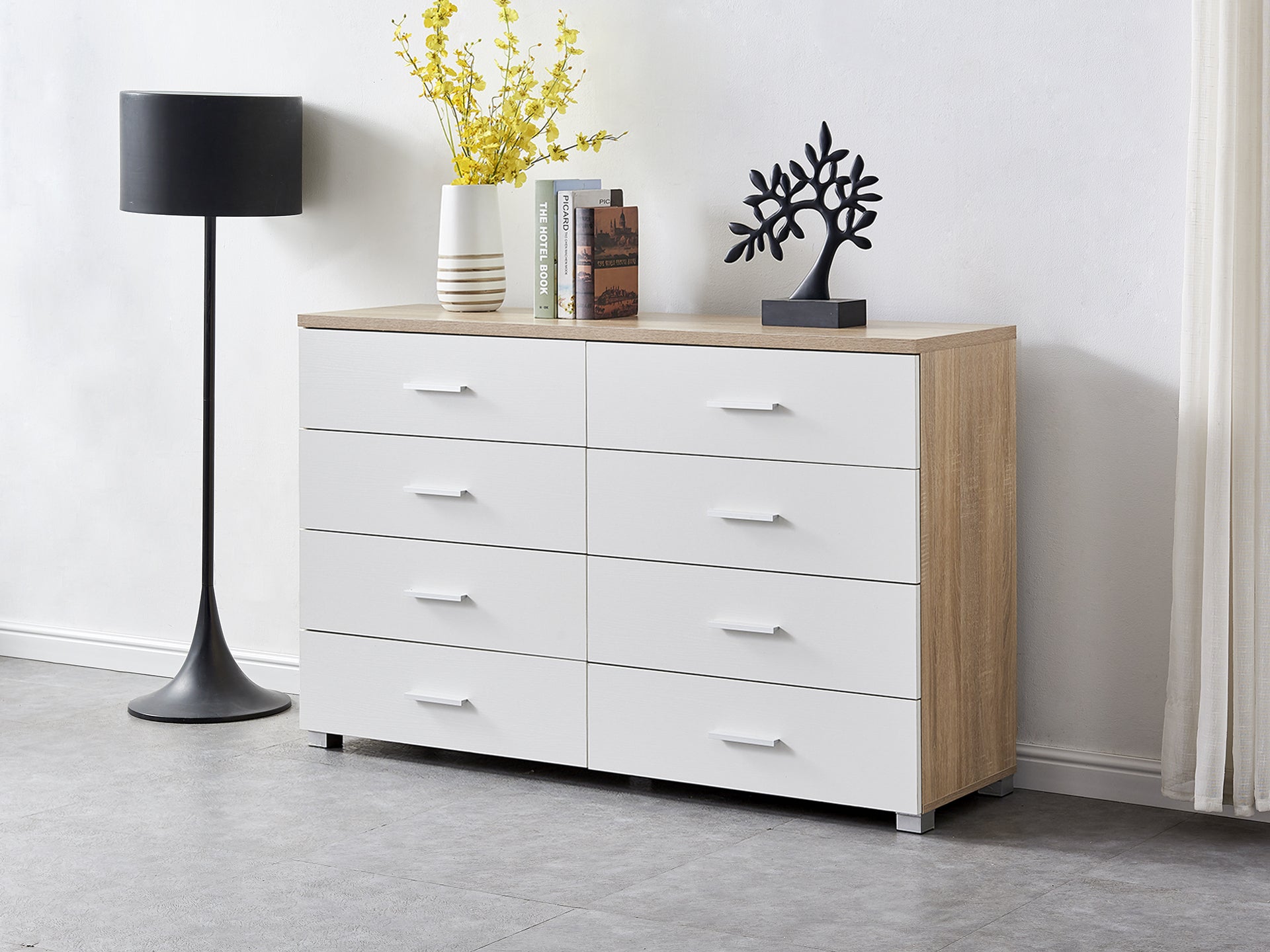 Bram Low Boy 8 Drawer Chest Dresser - Oak + White