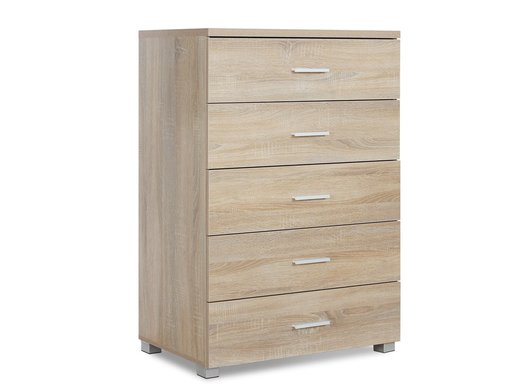 BRAM Tallboy 5 Drawer Chest Dresser - Oak