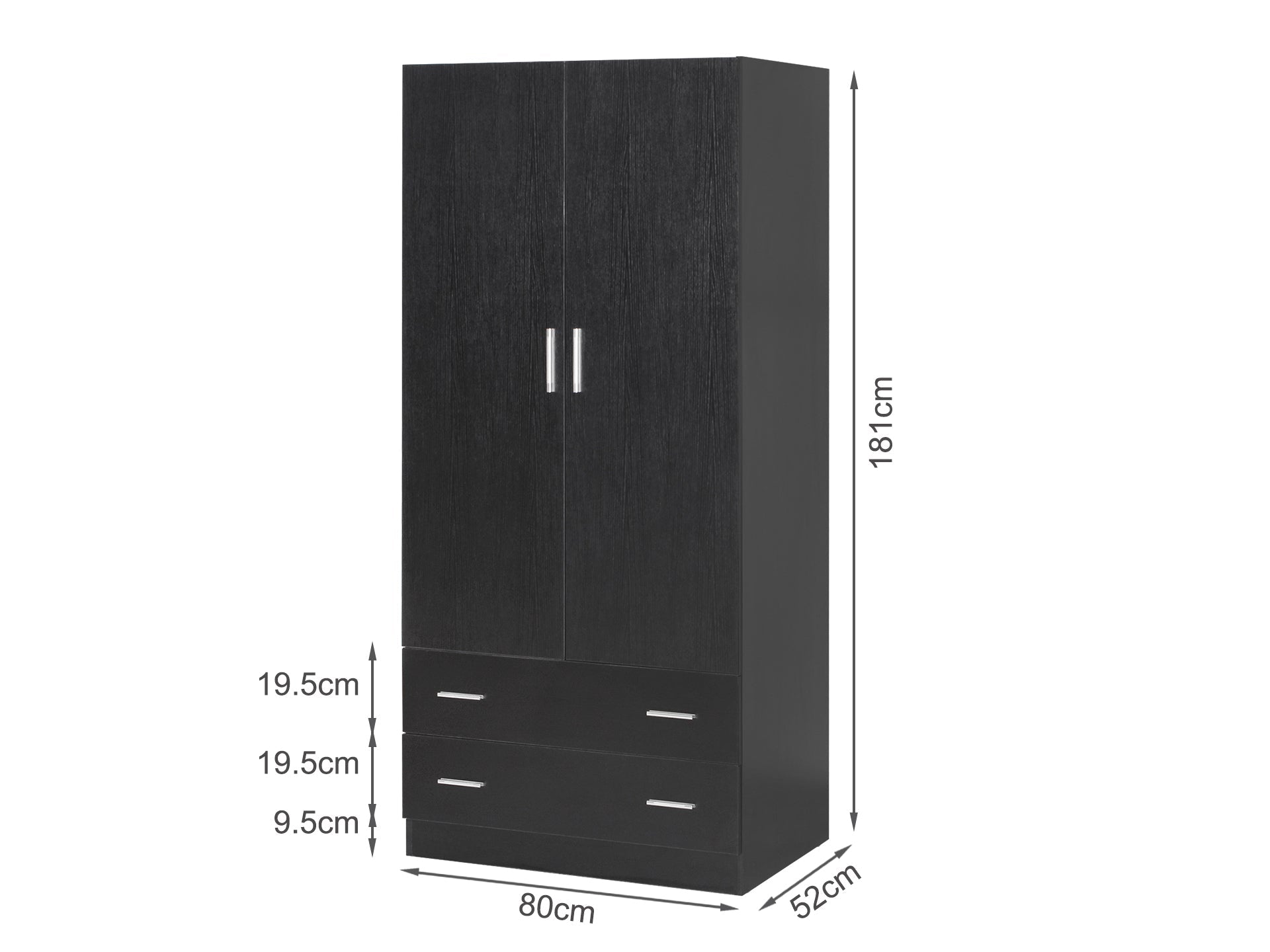 Bram 2 Door Wardrobe with 2 Drawers - Black