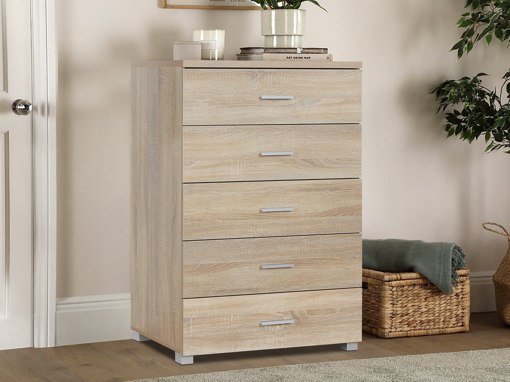 BRAM Tallboy 5 Drawer Chest Dresser - Oak