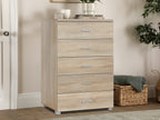 BRAM Tallboy 5 Drawer Chest Dresser - Oak
