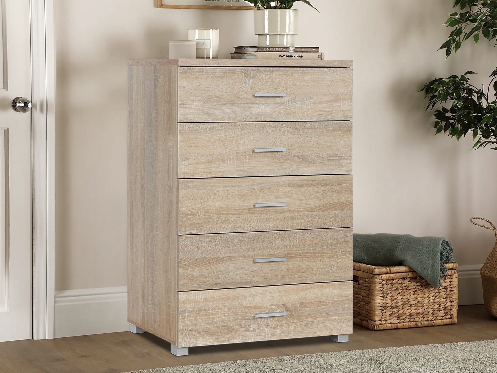 BRAM Tallboy 5 Drawer Chest Dresser - Oak