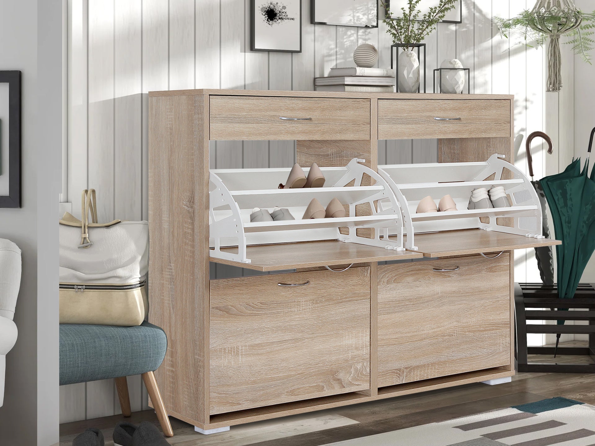 Rotoroa 6 Drawer Shoe Cabinet Storage Rack - Oak