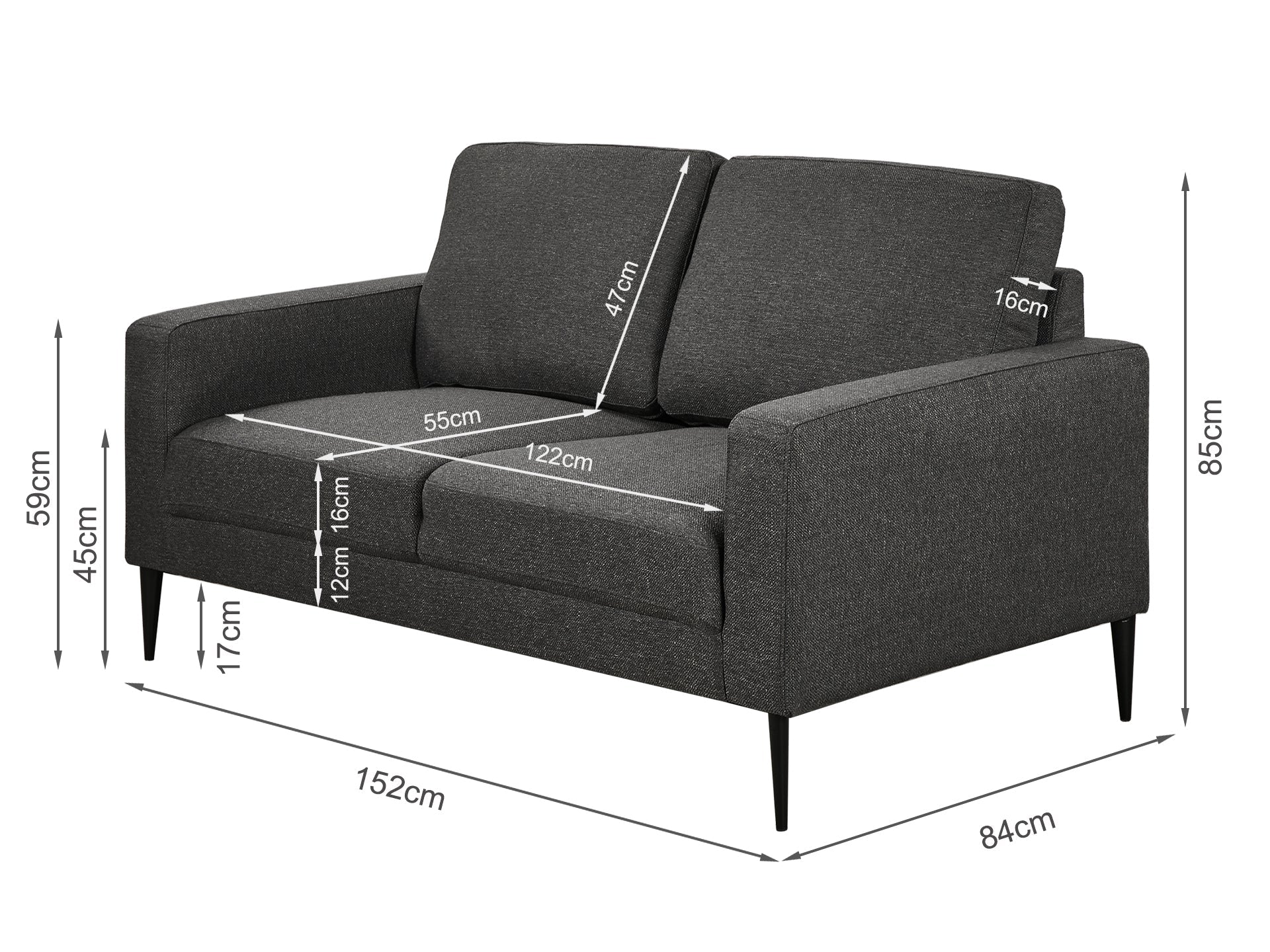 Toronto 2 Seater Fabric Sofa - Dark Grey