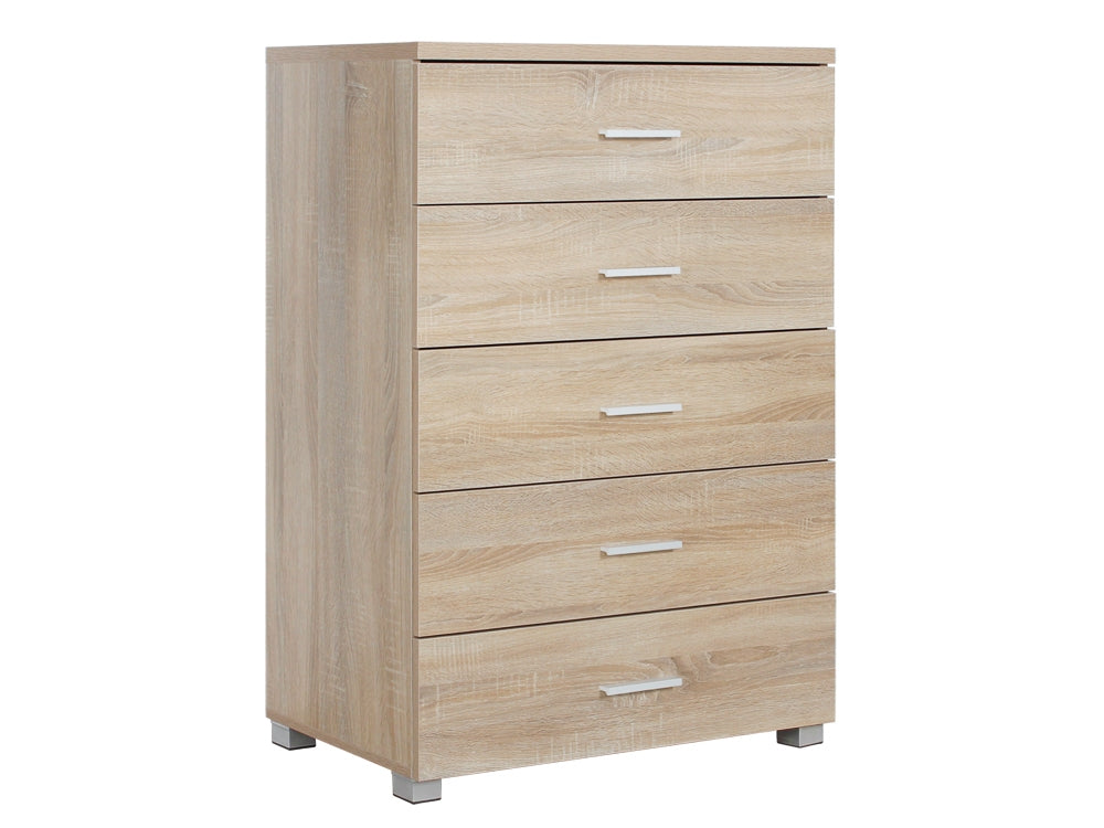BRAM Tallboy 5 Drawer Chest Dresser - Oak
