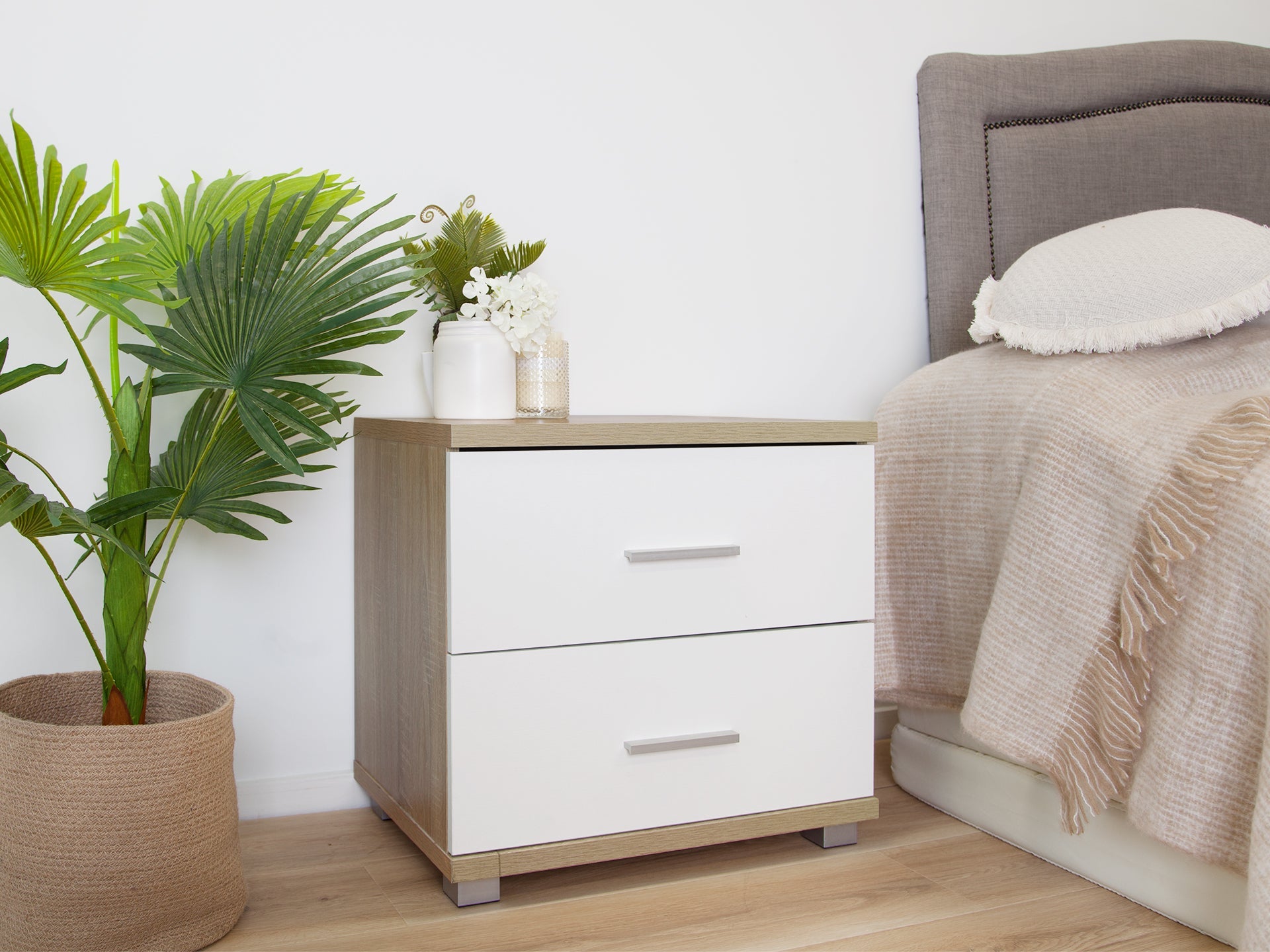 Bram Bedside Table - Oak + White