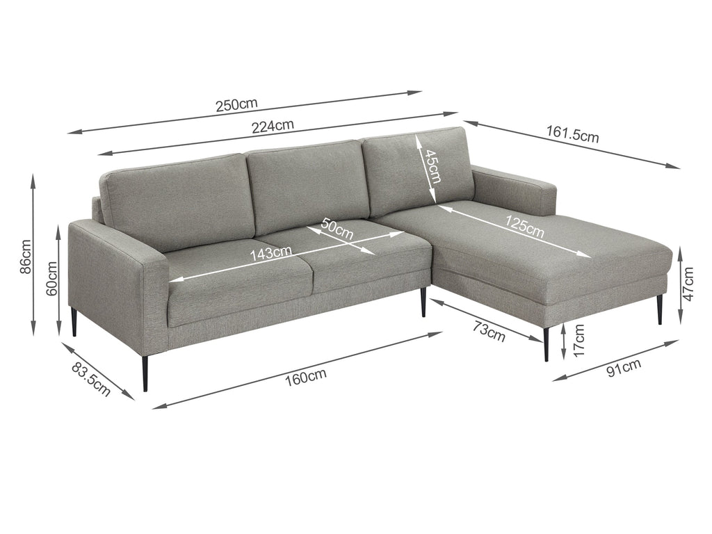 Toronto 3 Seater Sofa with Right Facing Chaise - Light Grey