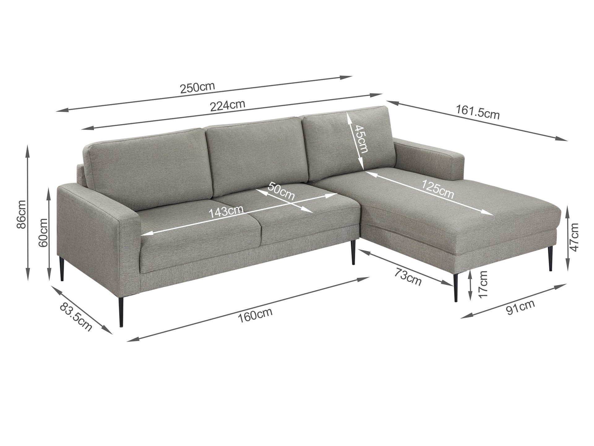 Toronto 3 Seater Sofa with Right Facing Chaise - Light Grey