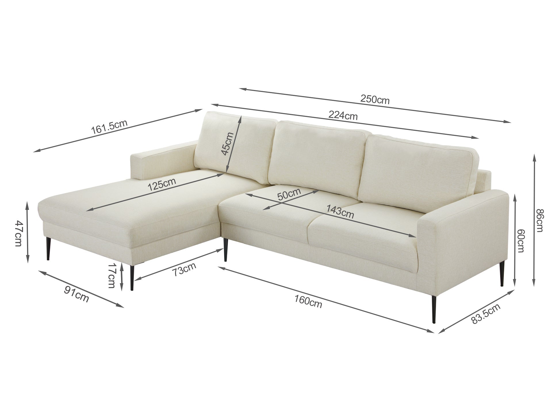 Toronto 3 Seater Sofa with Left Facing Chaise - Beige