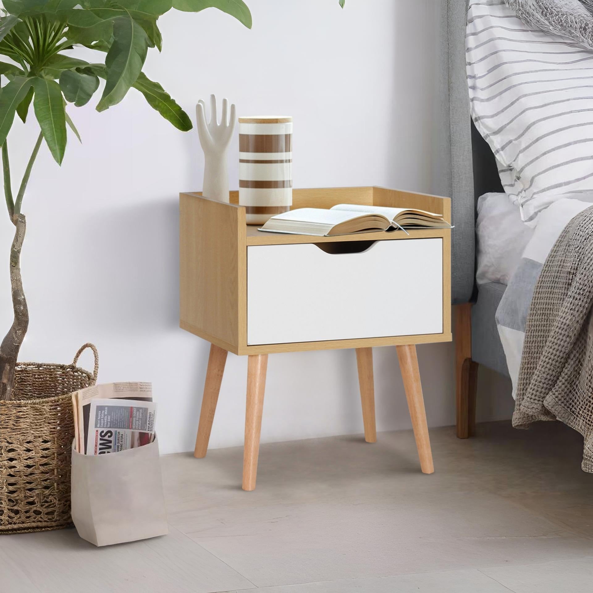 TOMI Bedside Table - Maple + White