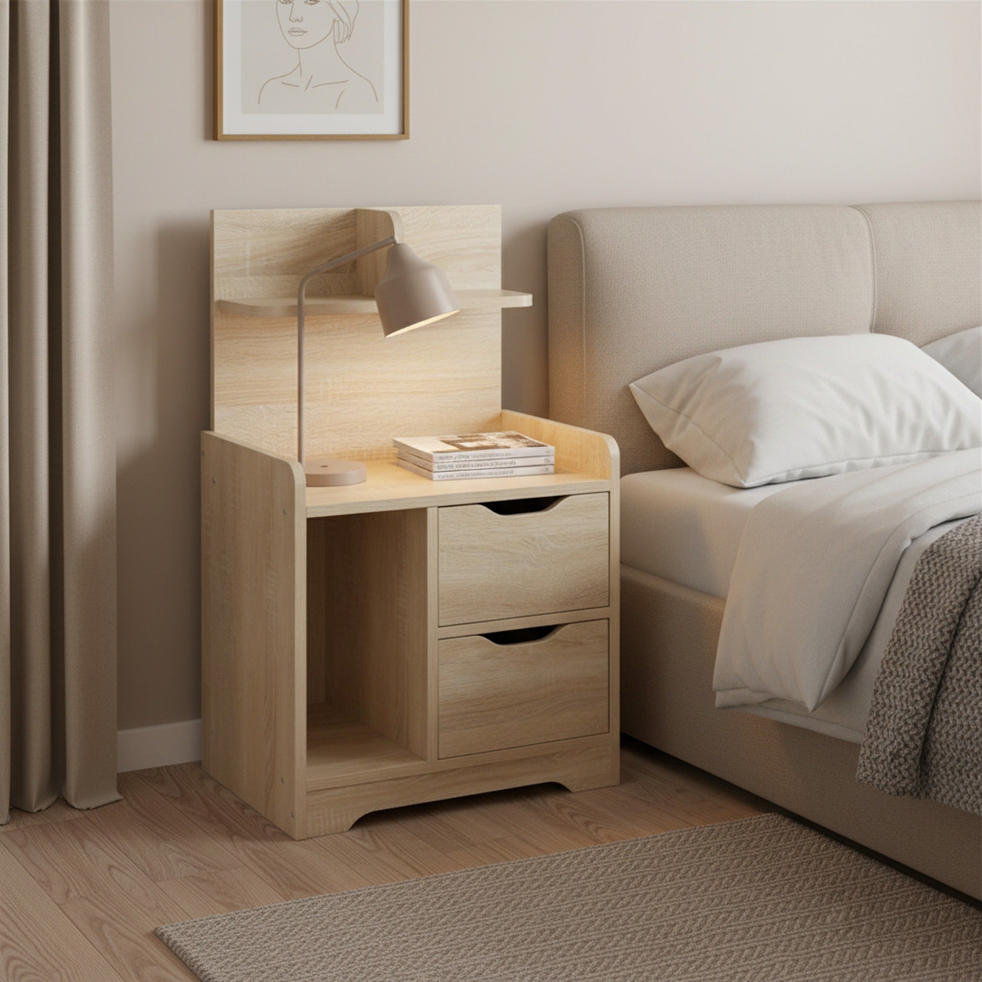 FINN Bedside Table with Shelves - Oak