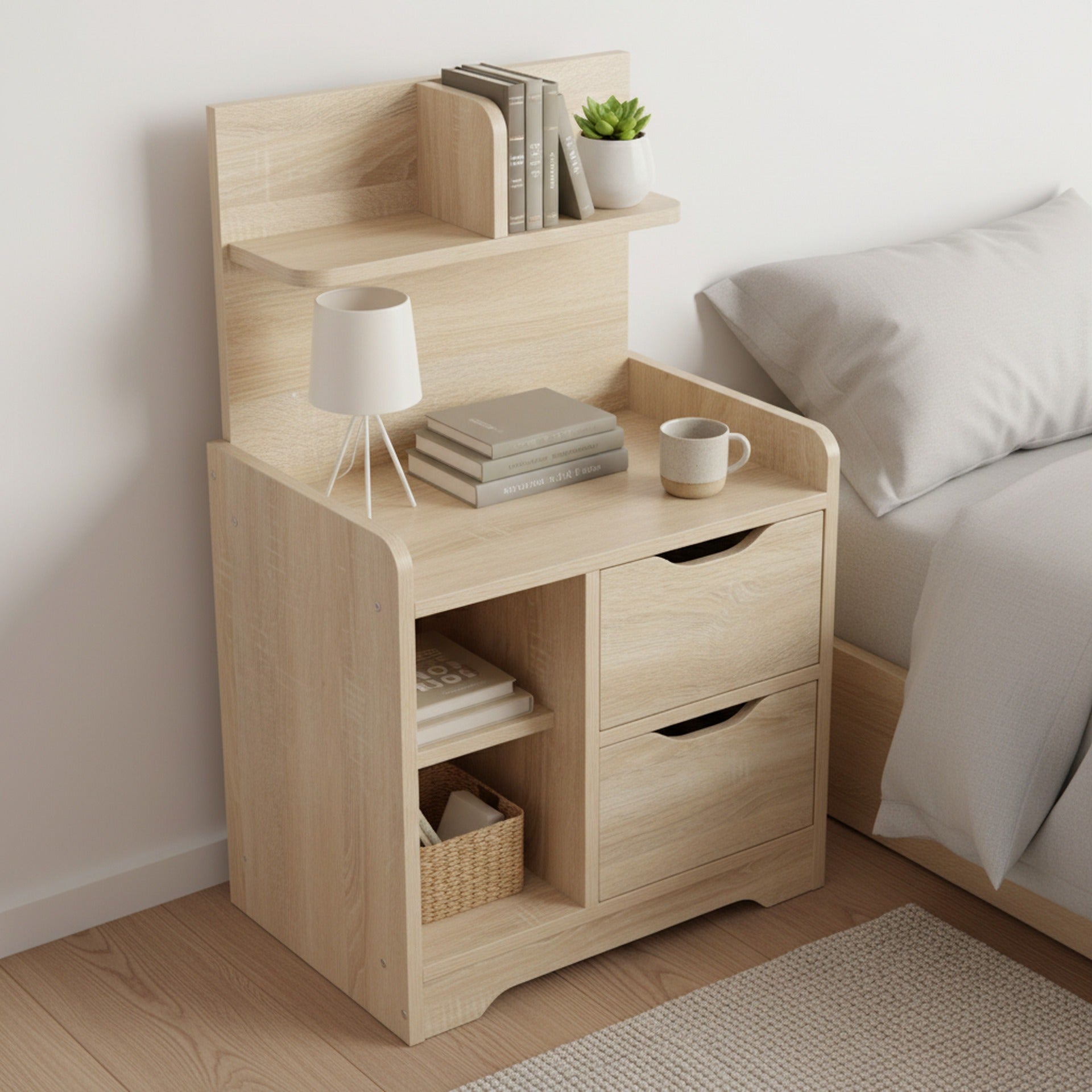 FINN Bedside Table with Shelves - Oak