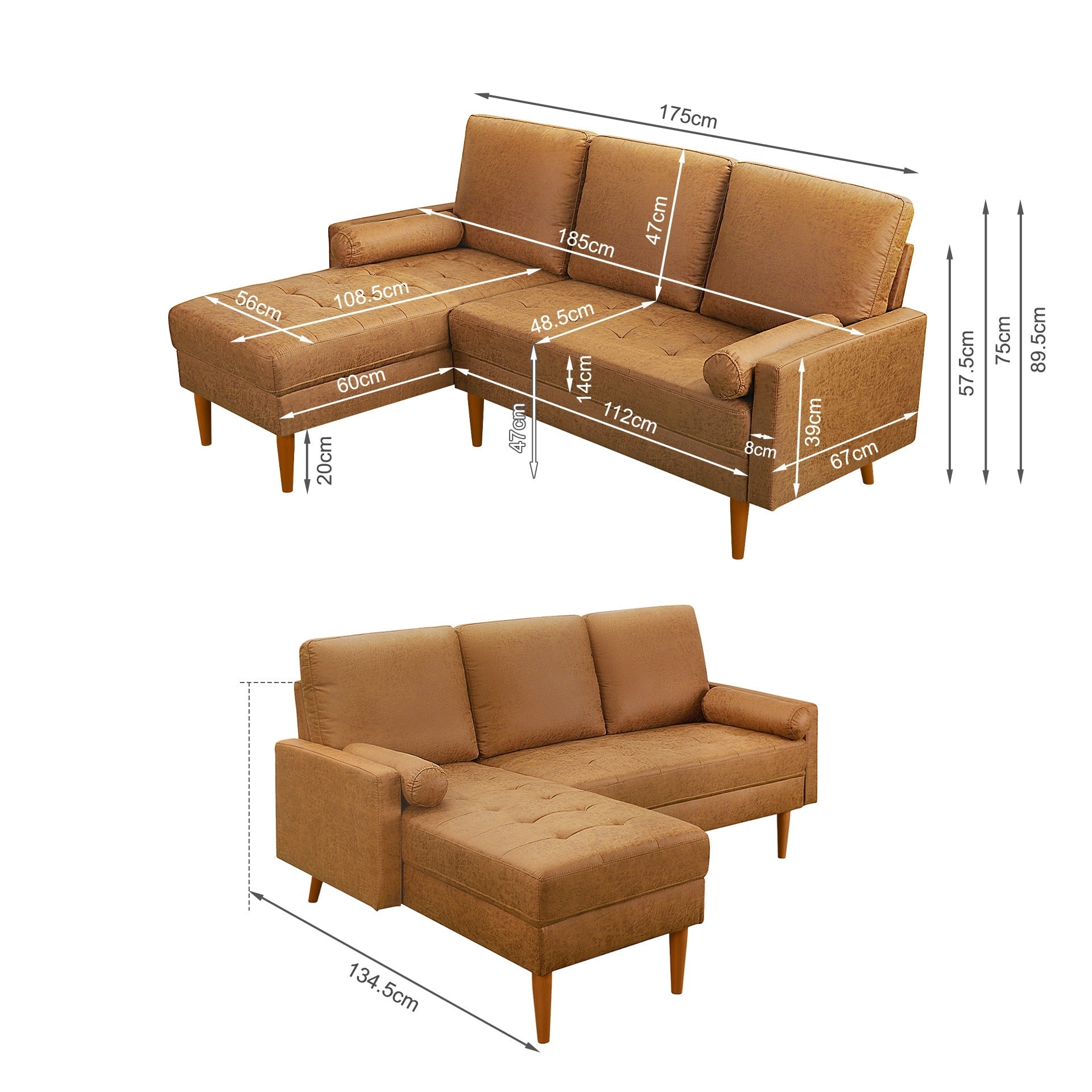 Brynlee 3 Seater Sofa with Left Facing Chaise - Brown
