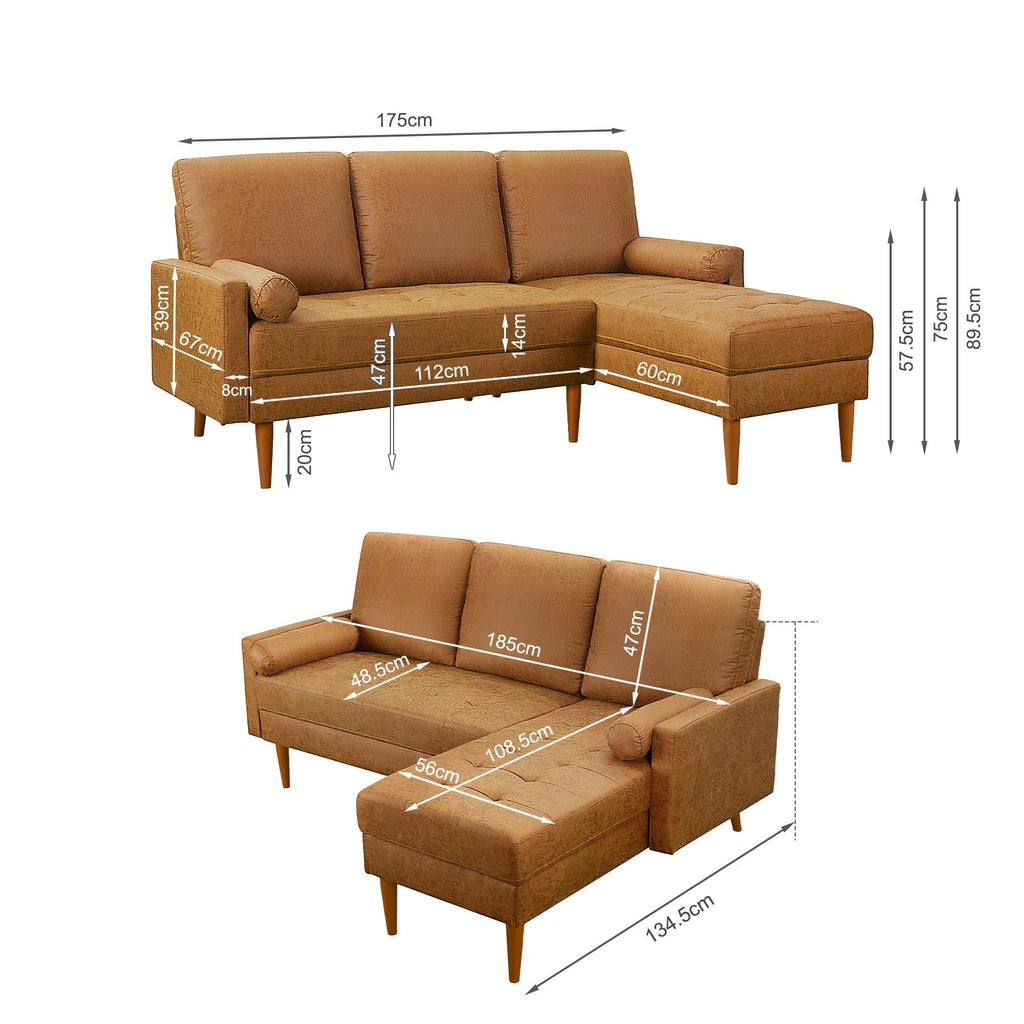 Brynlee 3 Seater Sofa with Right Facing Chaise - Brown