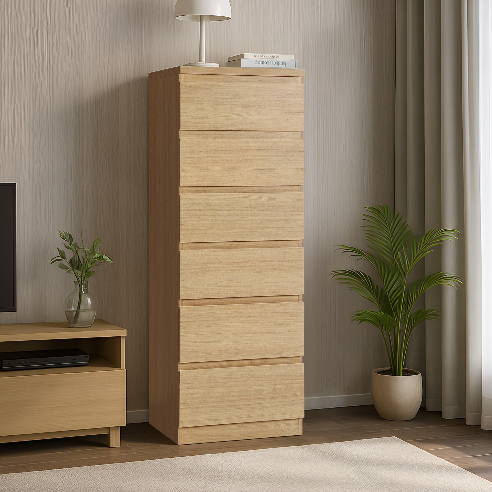 TONGASS 6 Drawer Slim Tallboy - OAK