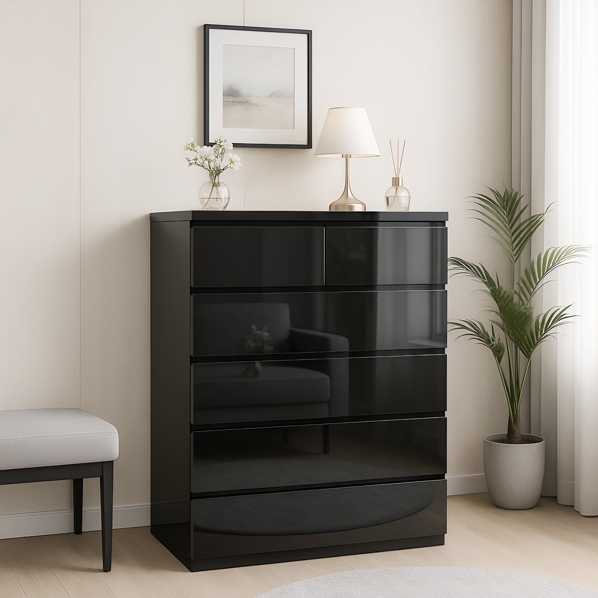 Angeles High Gloss 6 Drawer Tallboy - Black