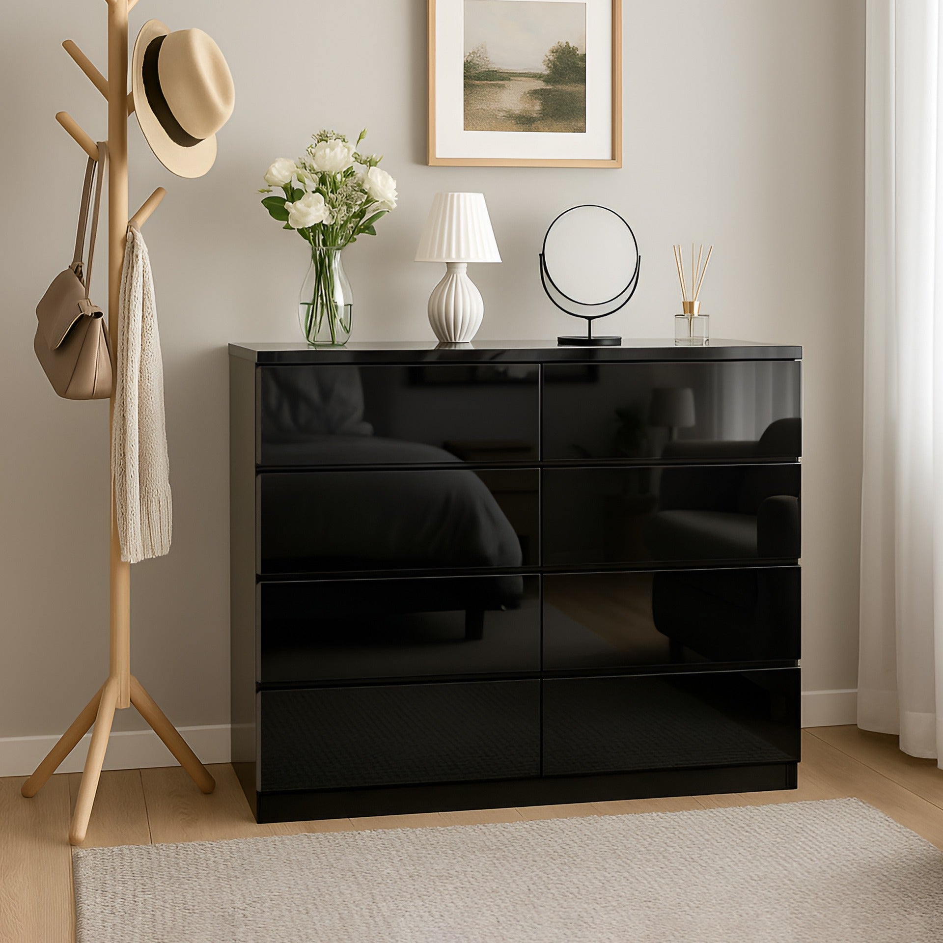 Angeles High Gloss 8 Drawer Lowboy - Black